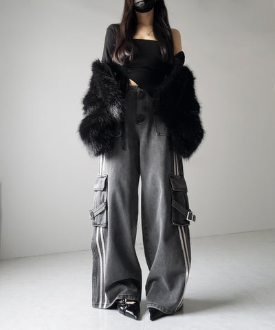 【 ２color ／ ４size 】サイドラインストレートカーゴデニムパンツ ／ sideline straight cargo denim pants