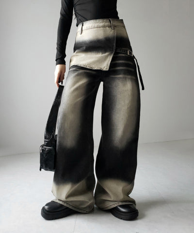 【 ２color ／４size 】ラップレイヤードバイカラーブリーチワイドデニム ／ wrap layered bicolor bleach wide denim