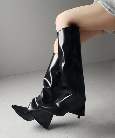 【 ２color 】ポインテッドトゥフェイクレザーカバーロングブーツ ／ pointed toe fake leather covered long boots