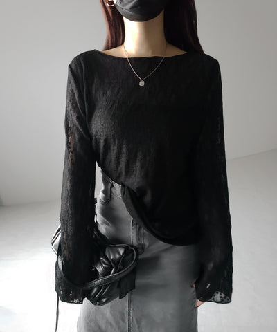 【 ２color 】ワイドスリーブオーバーシアーレーストップス ／ wide sleeve over sheer lace tops