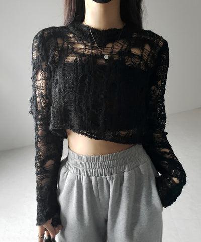 【 ２color 】クラッシュダメージショートシアーニット ／ crush damage short sheer knit