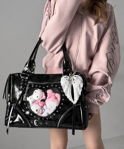 【 限定先行販売 】ハートクリアポケットスタッズフェイクレザートートバッグ ／ heart clear pocket studs fake leather tote bag