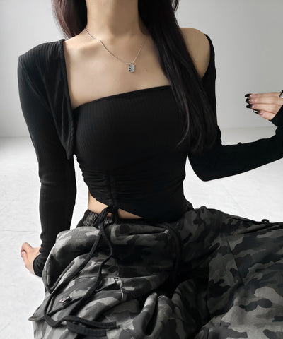 【 ２点セット 】シャーリングリボンベアトップス ＆ ショートカーディガン SET ／ shirring ribbon bare tops & short cardigan SET