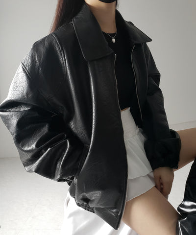 【 ２color 】バックリボン刺繍ヴィンテージライクフェイクレザーブルゾン ／ back ribbon vintage like fake leather blouson