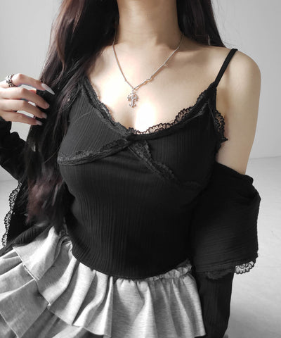 【 ２点セット 】レースドッキングリブキャミソール ＋ カーディガンセット ／ lace docking lib camisole + cardigan SET