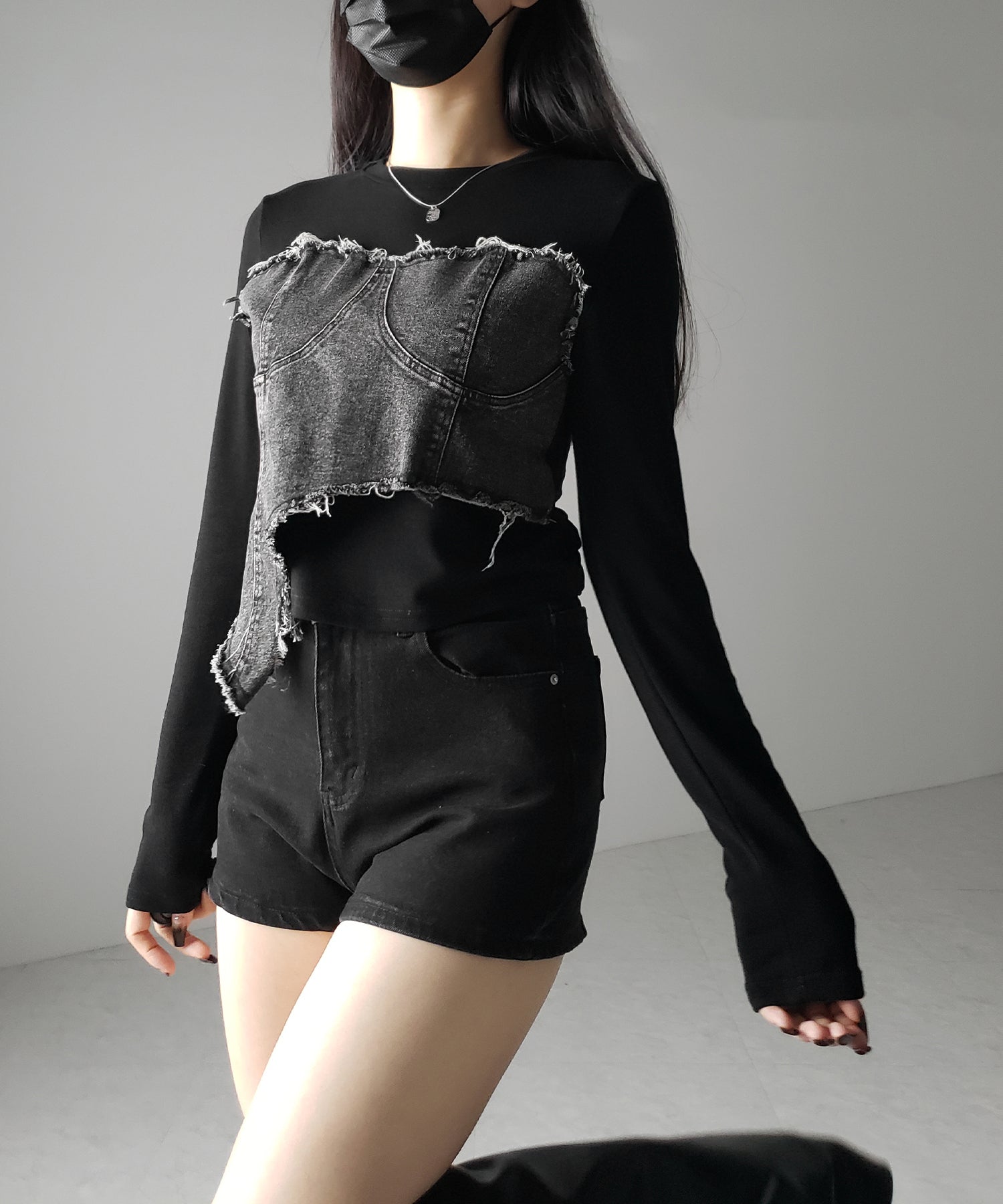 【 ２color 】ダメージデニムビスチェドッキングＴシャツ ／ damage denim bustier docking Tee