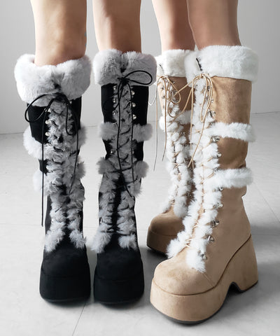 厚底レースアップムートンロングブーツ ／ platform laceup mouton long boots