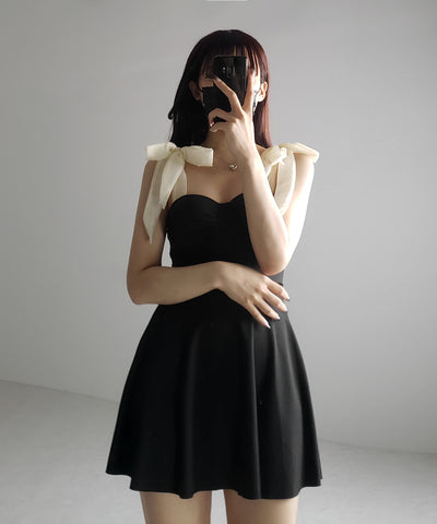 【 レディース水着 】ショルダーリボンバイカラーワンピース水着 ／ shoulder ribbon bicolor onepiece swimwear