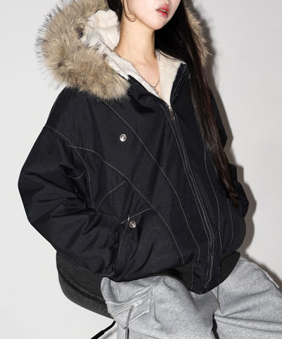 配色ステッチファーフード中綿オーバーブルゾン ／ stitch fur hood fake down over blouson