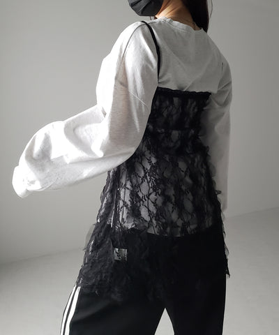 【 ２color 】チュールドッキングレースチュニックキャミソール ／ tulle docking lace tunic camisole