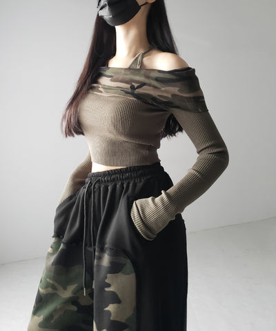 【 裾絞り可能２WAY 】カモフラドッキングミリタリーワイドスウェットパンツ ／ camouflage docking military wide sweat pants