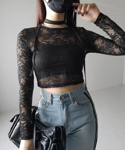 【 ２color 】ストラップリボンショートレーストップス ／ strap ribbon short lace tops
