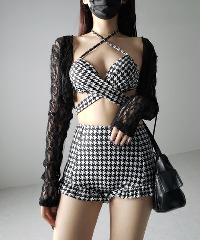 【 レディース水着／２点セット 】千鳥格子柄クロスウエストリボンハイウエストビキニ ／ houndstooth pattern cross waist ribbon high waist bikini