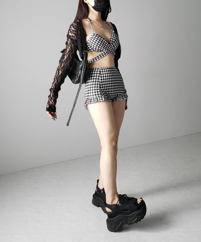 【 レディース水着／２点セット 】千鳥格子柄クロスウエストリボンハイウエストビキニ ／ houndstooth pattern cross waist ribbon high waist bikini