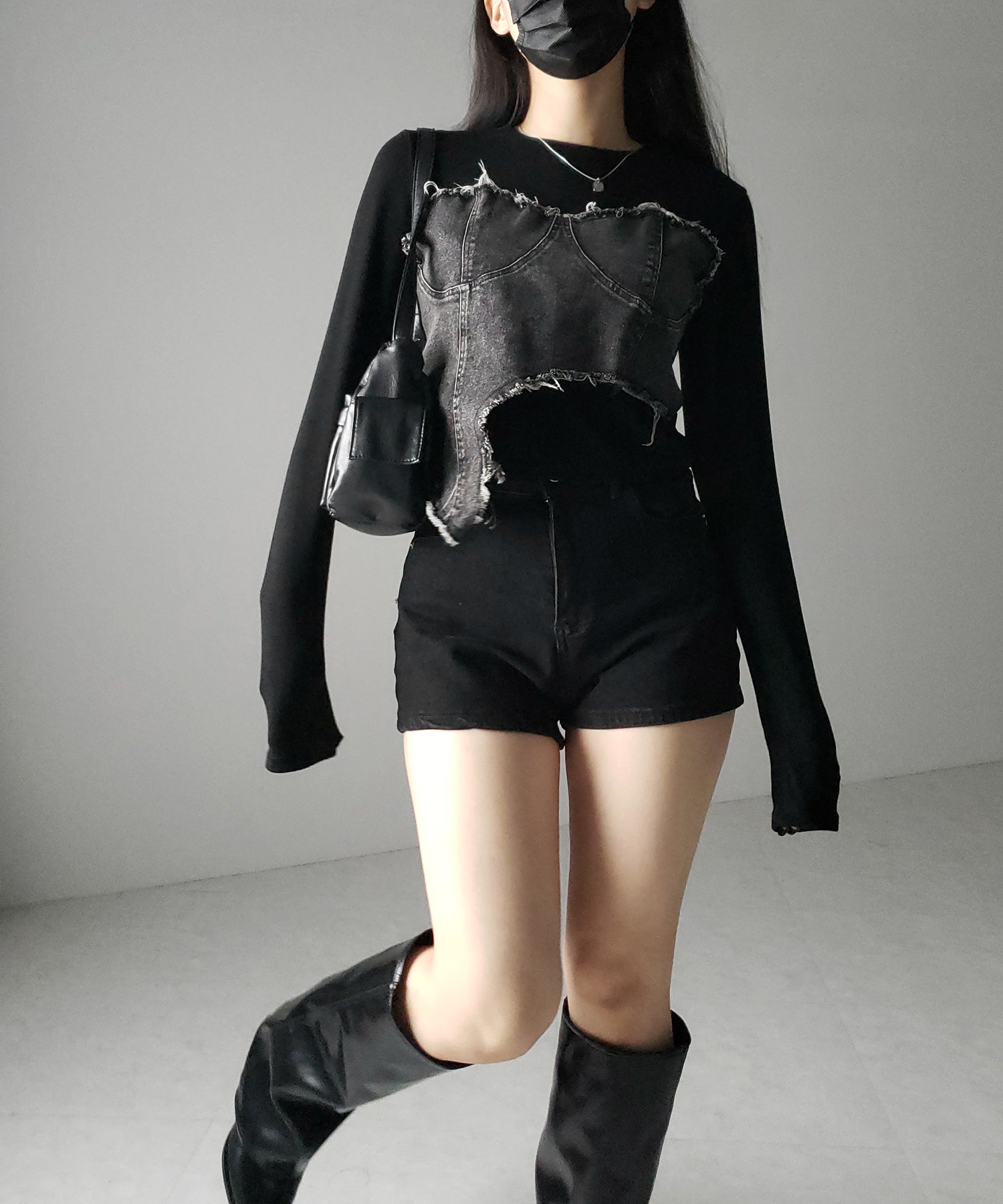 【 ２color 】ダメージデニムビスチェドッキングＴシャツ ／ damage denim bustier docking Tee