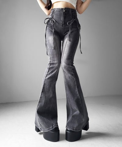 サイドレースアップリボン美脚ストレッチフレアデニム ／ side laceup ribbon slim leg stretch flare denim