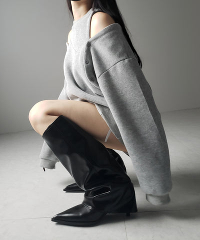 【 ２color 】ポインテッドトゥフェイクレザーカバーロングブーツ ／ pointed toe fake leather covered long boots