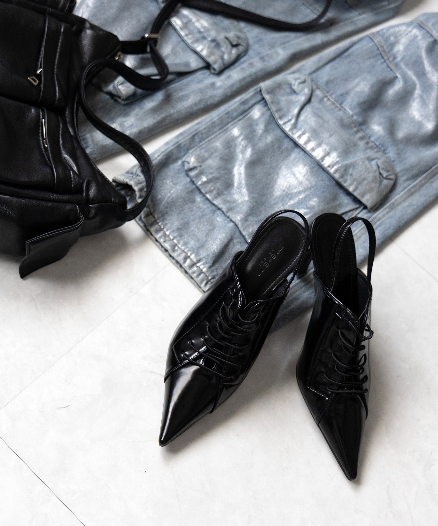 【 ３color 】ポインテッドトゥレースアップスニーカーミュール ／ pointed toe lace up sneaker mules
