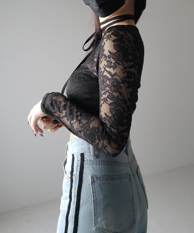 【 ２color 】ストラップリボンショートレーストップス ／ strap ribbon short lace tops