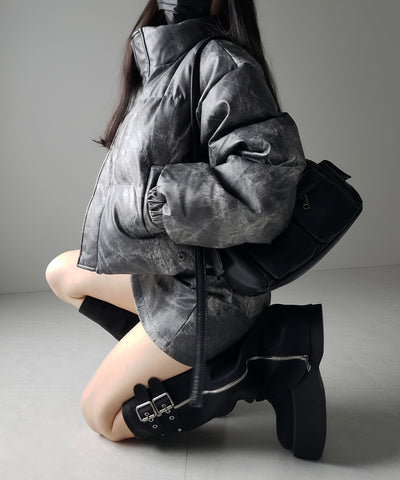【 セットアップ着用可能 】ヴィンテージライクフェイクレザーショートダウンジャケット ／ vintage like fake leather short down jacket