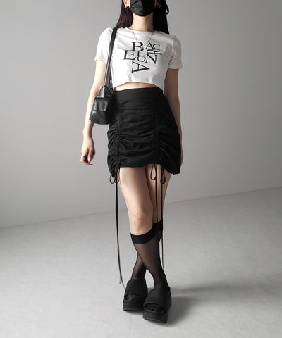 【 インパン裏地付 ／ セルフカット調節可能 】 ストラップダブルリボンシャーリングミニスカート ／ strap double ribbon shirring mini skirt