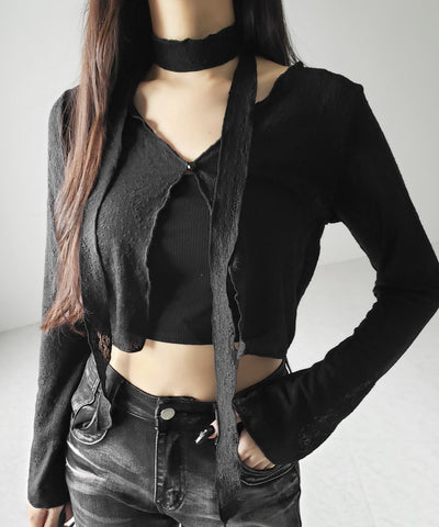 【 ２color ／ ２WAY 】チョーカーロングタイ付きショートシアーカーディガン ／ choker long tie set short sheer cardigan