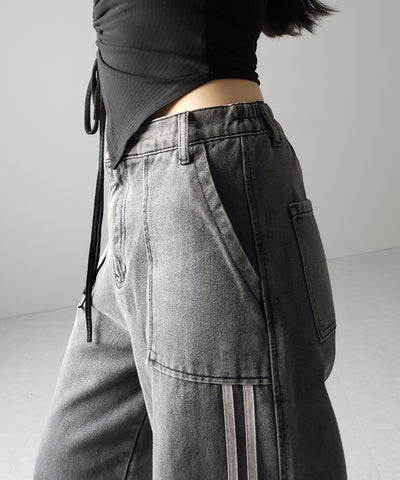【 ２color ／ ４size 】サイドラインストレートカーゴデニムパンツ ／ sideline straight cargo denim pants