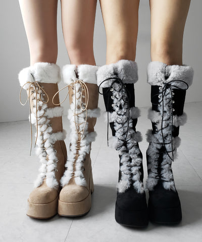 厚底レースアップムートンロングブーツ ／ platform laceup mouton long boots