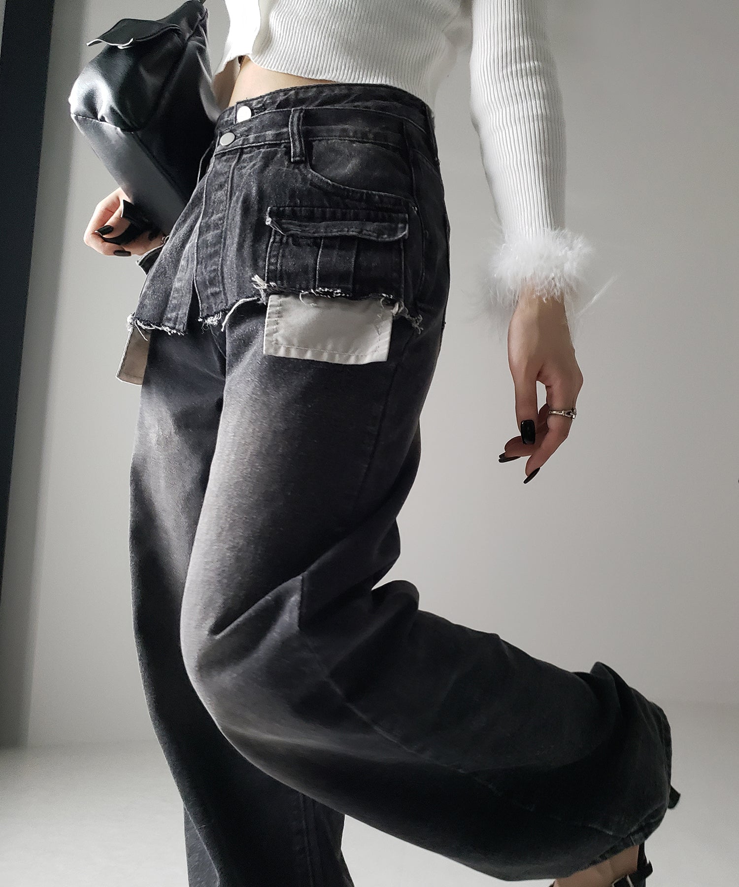 【 ４size ／ ２color 】ダブルウエストダメージレイヤードヴィンテージルーズデニム