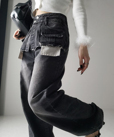 【 ４size ／ ２color 】ダブルウエストダメージレイヤードヴィンテージルーズデニム