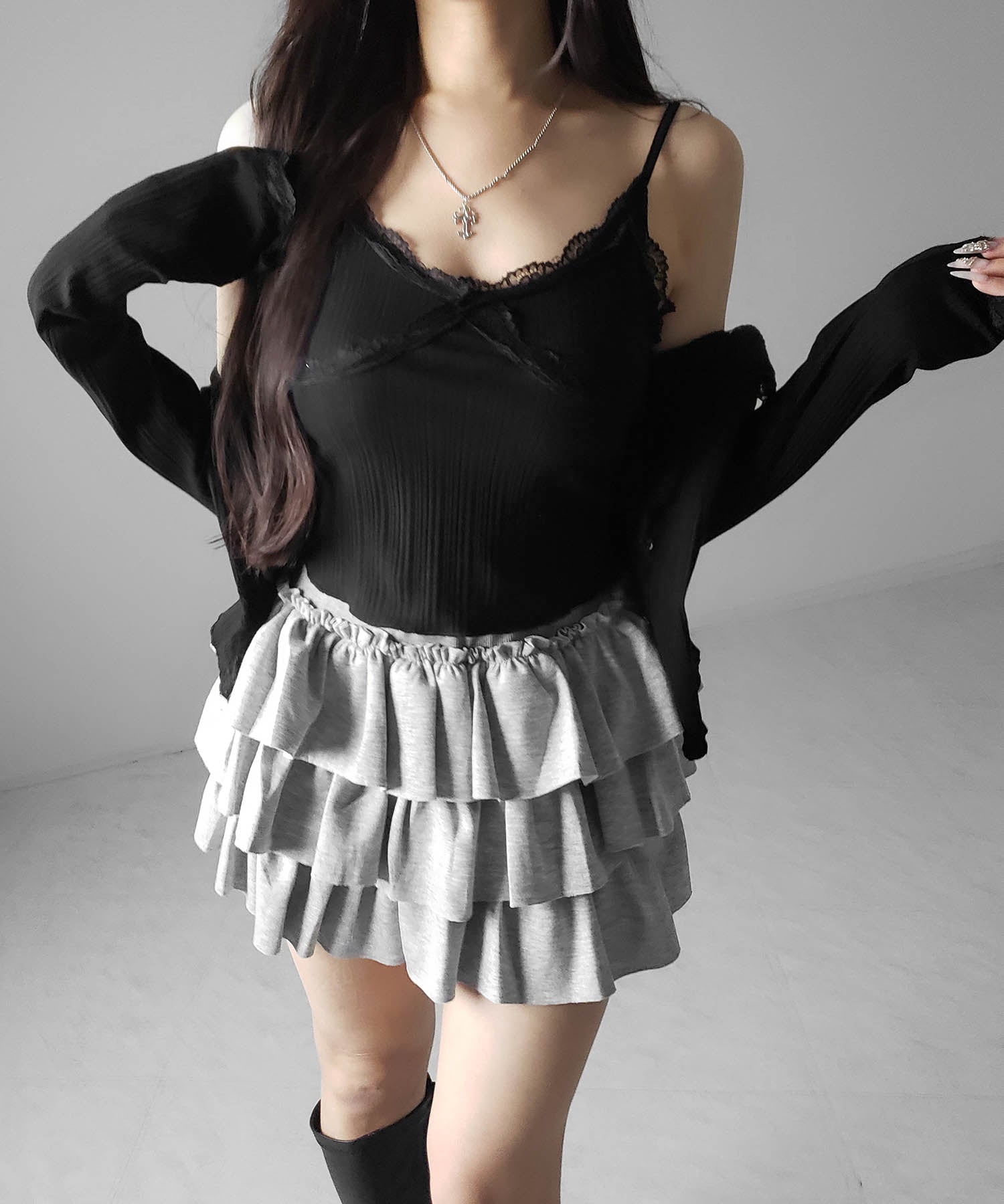 【 ２点セット 】レースドッキングリブキャミソール ＋ カーディガンセット ／ lace docking lib camisole + cardigan SET