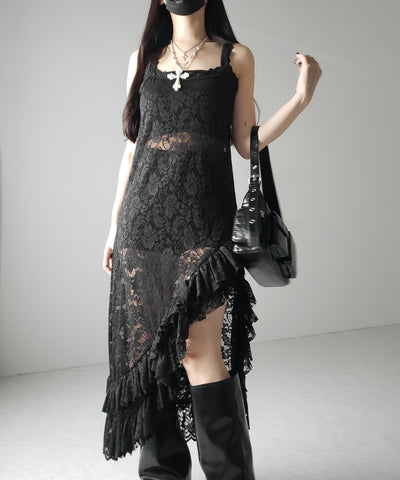 【 ２color 】アシンメトリーフリルレイヤードレースキャミワンピース ／ asymmetry frill layered lace cami onepiece