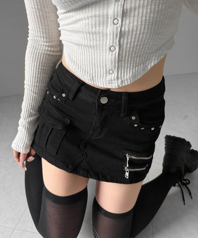 スタッズジップデザインストレッチデニムミニスカパン／ studs zip design stretch denim mini skirt pants