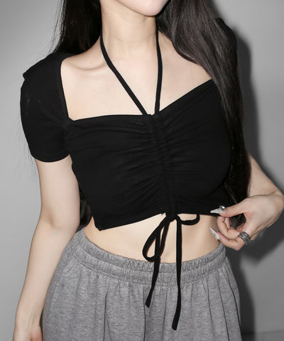 【クロスネックにできる2WAY 】フロントシャーリングリボン半袖ショートＴシャツ ／2WAY front shirring ribbon short sleeve short T-shirt