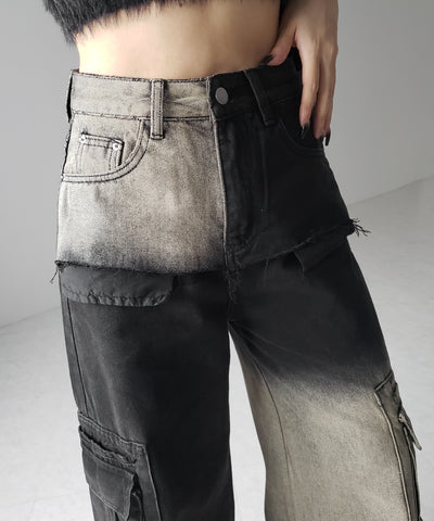 【 ２color ／４size 】ブロッキングバイカラーオーバーダイワイドデニム ／ blocking bicolor overdye wide denim