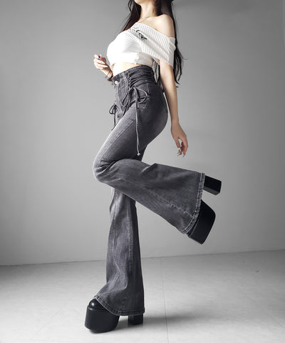 サイドレースアップリボン美脚ストレッチフレアデニム ／ side laceup ribbon slim leg stretch flare denim