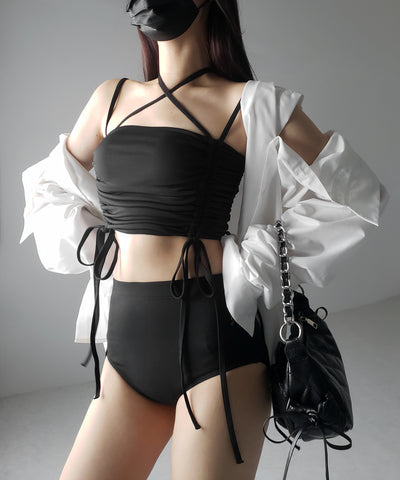 【 レディース水着／２点セット 】２WAY クロスストラップシャーリングリボンセパレートビキニ ／ cross strap shirring ribbon separate bikini