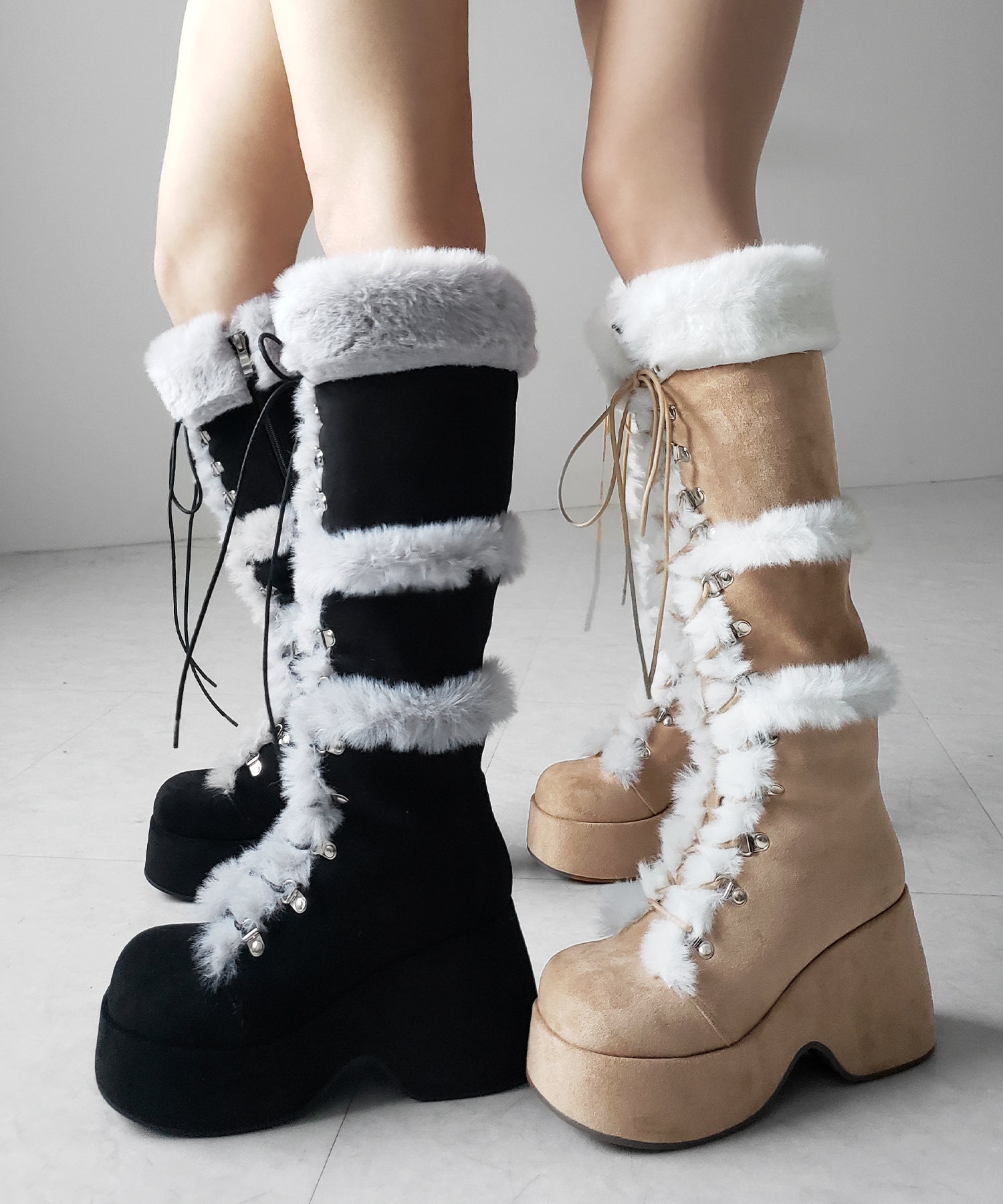 厚底レースアップムートンロングブーツ ／ platform laceup mouton long boots