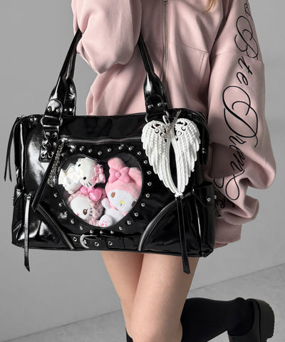 【 限定先行販売 】ハートクリアポケットスタッズフェイクレザートートバッグ ／ heart clear pocket studs fake leather tote bag