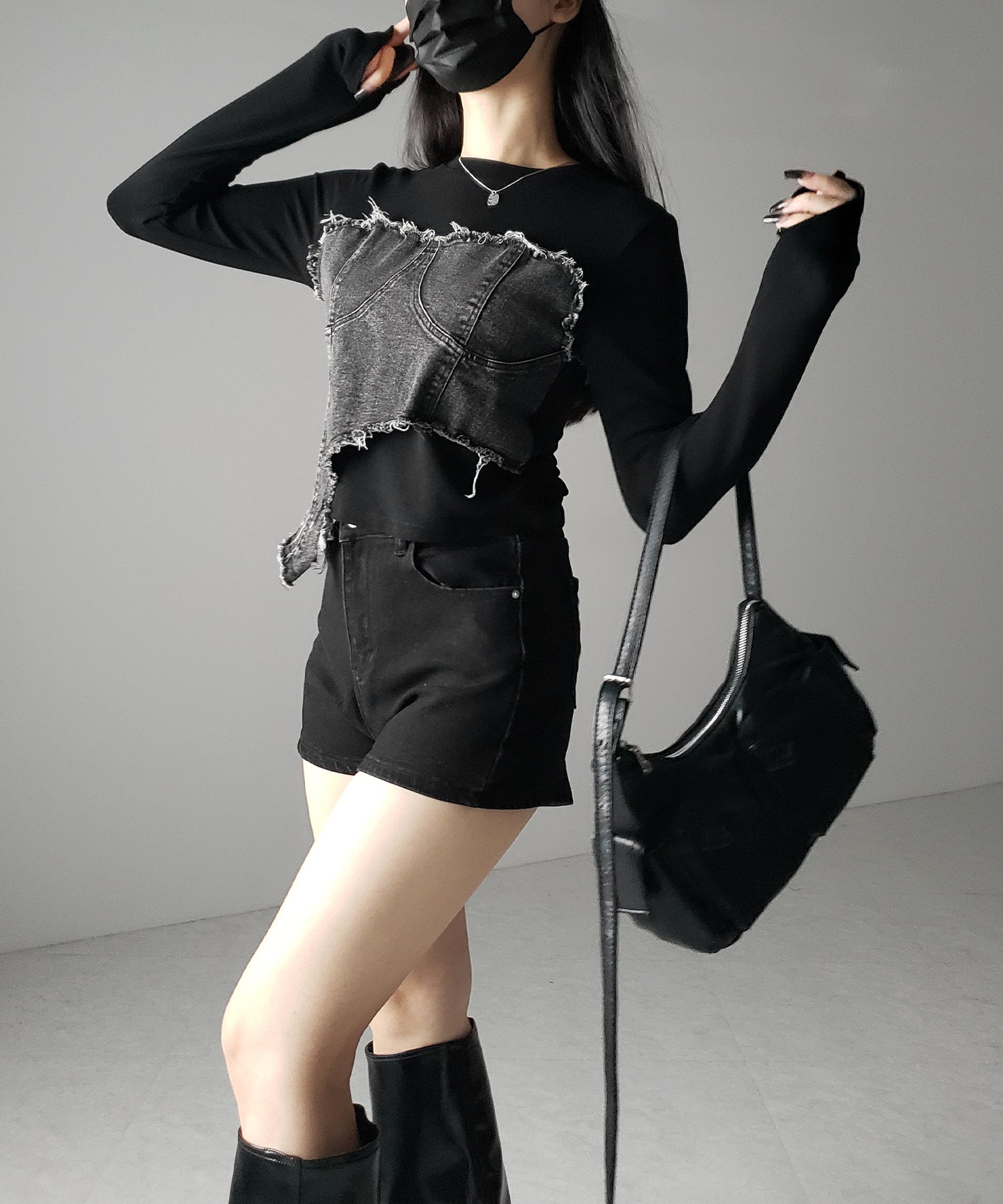 【 ２color 】ダメージデニムビスチェドッキングＴシャツ ／ damage denim bustier docking Tee