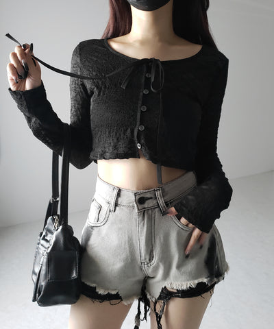 【 ２WAY 】クロスストラップリボンショートレースカーディガン ／ cross strap ribbon short lace cardigan