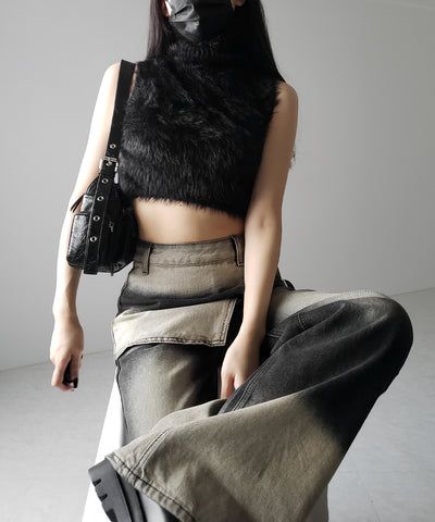 【 ２color ／４size 】ラップレイヤードバイカラーブリーチワイドデニム ／ wrap layered bicolor bleach wide denim