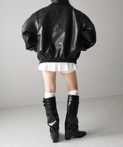【 ２color 】バックリボン刺繍ヴィンテージライクフェイクレザーブルゾン ／ back ribbon vintage like fake leather blouson