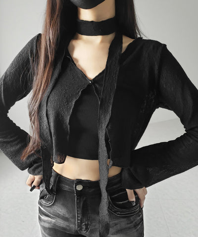 【 ２color ／ ２WAY 】チョーカーロングタイ付きショートシアーカーディガン ／ choker long tie set short sheer cardigan