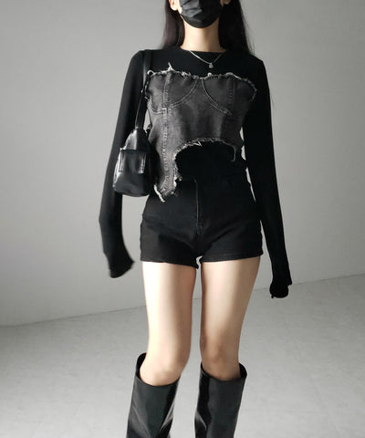 【 ２color 】ダメージデニムビスチェドッキングＴシャツ ／ damage denim bustier docking Tee