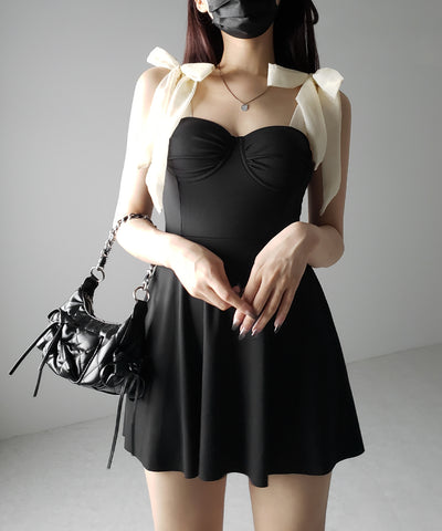 【 レディース水着 】ショルダーリボンバイカラーワンピース水着 ／ shoulder ribbon bicolor onepiece swimwear