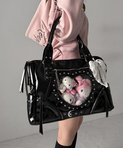 【 限定先行販売 】ハートクリアポケットスタッズフェイクレザートートバッグ ／ heart clear pocket studs fake leather tote bag