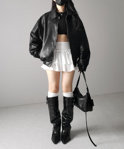 【 ２color 】バックリボン刺繍ヴィンテージライクフェイクレザーブルゾン ／ back ribbon vintage like fake leather blouson