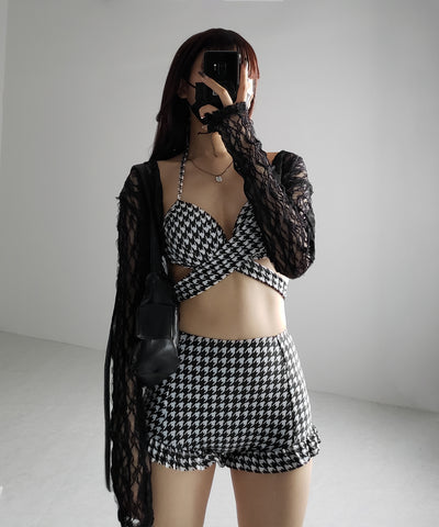 【 レディース水着／２点セット 】千鳥格子柄クロスウエストリボンハイウエストビキニ ／ houndstooth pattern cross waist ribbon high waist bikini