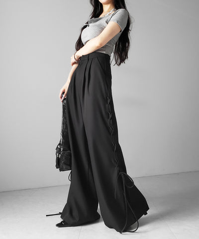 レースアップダブルタックワイドスラックス ／ laceup double tack wide slacks
